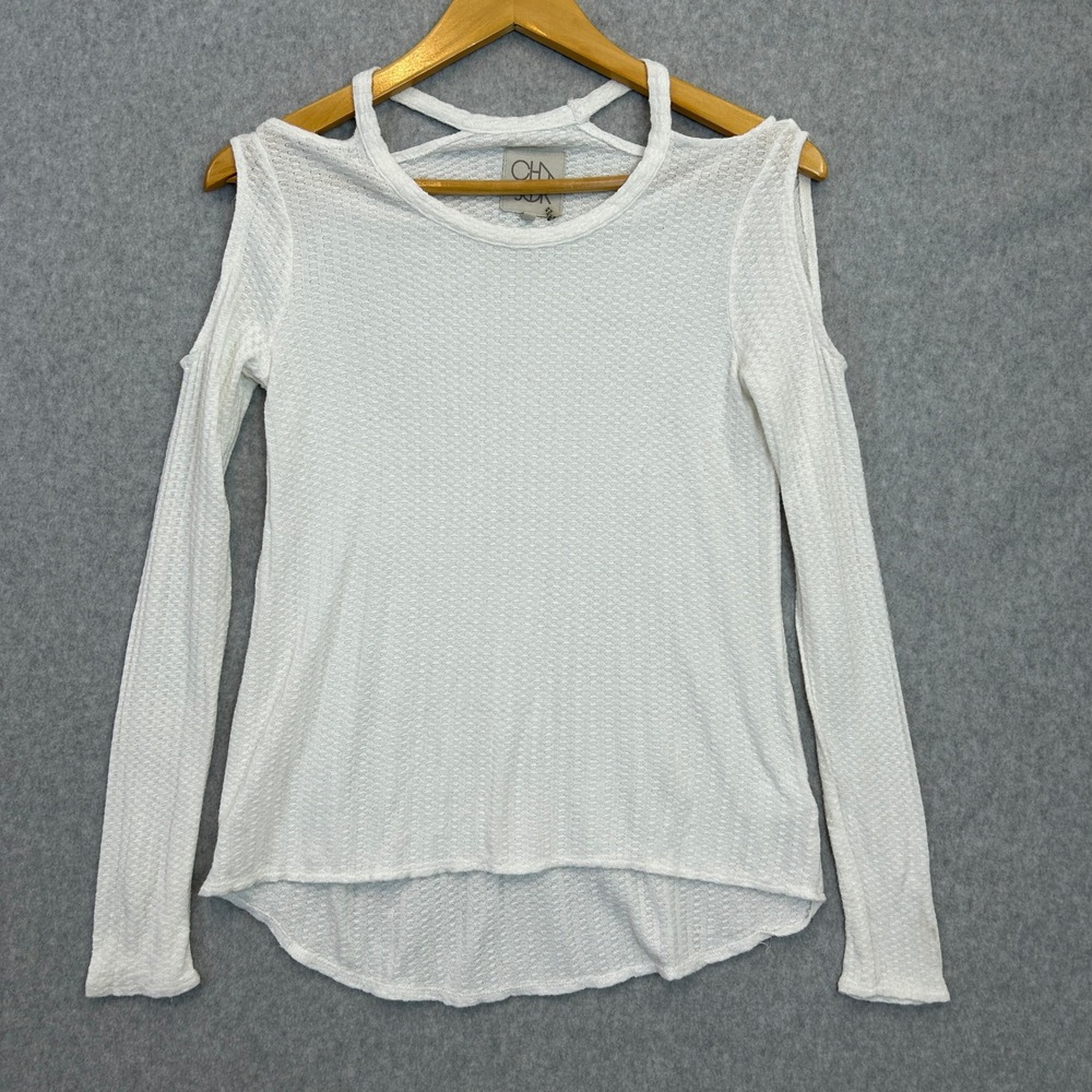 Chaser Thermal Top White Cold Shoulder Strappy Waffle Knit Autumn Boho Womens XS